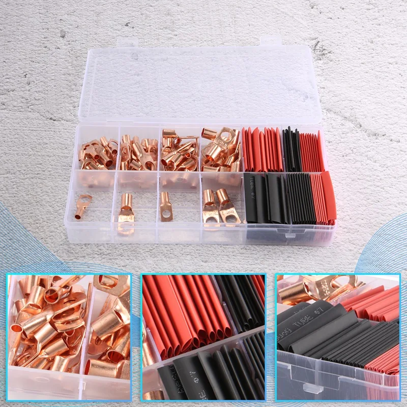 AB33-150 Pcs Copper Wire Terminal Connectors, AWG 2 4 6 8 10 12 Ring Lug Kit With 70 Pcs Heat Shrink 80Pcs Battery Cable Lugs