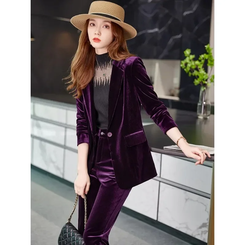 Nuovo arrivo autunno inverno donna Solid Pant Suit donna Business Work Wear Blazer e pantaloni viola blu formale 2 pezzi Set