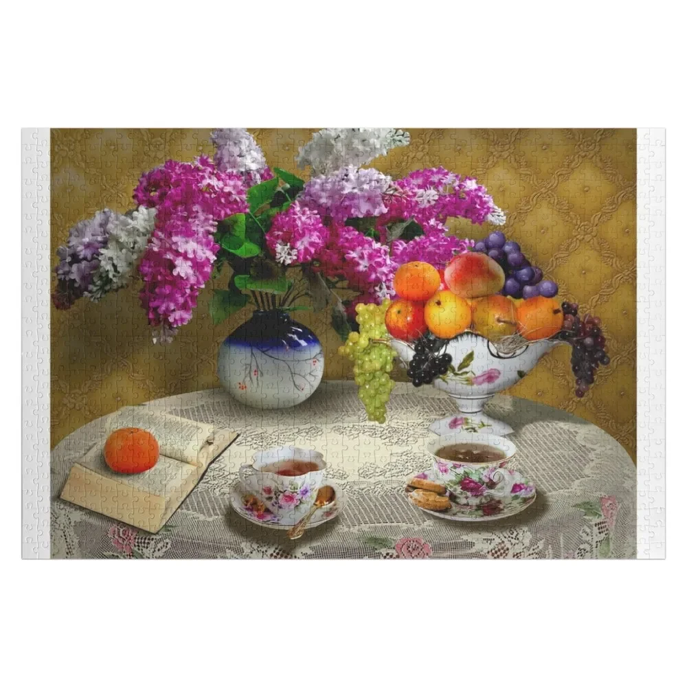 Still life bouquet of lilacs flowers and tea. Picture with oil Home tea Jigsaw Puzzle With Photo Wooden Name Puzzle