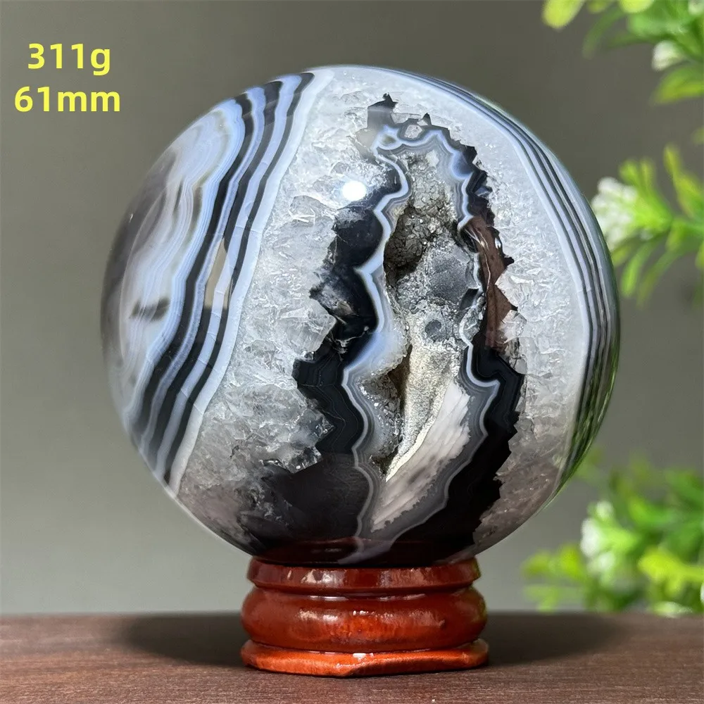 Natural Black Agate Quartz Mineral Ball Reiki Healing Witchcraft Chakra Divination Energy Home Feng Shui Decorative Gift+Base