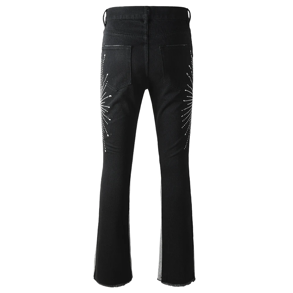 Men's Rhinestone Boot Cut Jeans Streetwear Crystal Flared Pants Casual Black Cotton Denim Fringe Hem Trousers