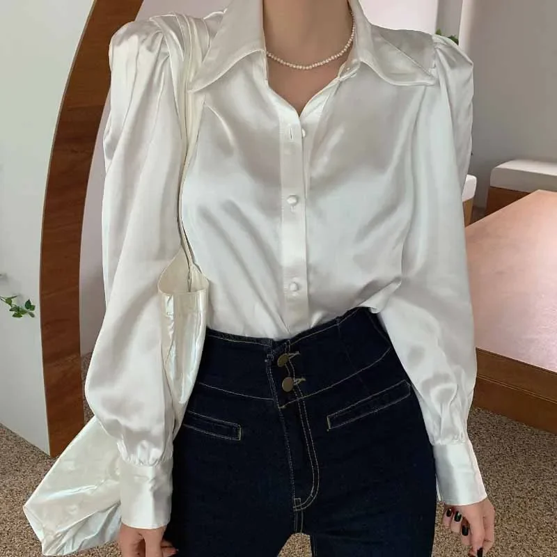 Korean Puff Sleeve Loose Satin Button Lapel Shirt  Elegant Women Shirt Tops White New Chic Women Blouse Blusas Mujer 12635