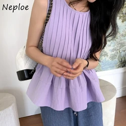 Neploe Fashion Heavy Ruched Ruffles Tank Top 2024 Summer New Loose Vest for Women Y2k O-neck Sleeveless Black Tops Mujer