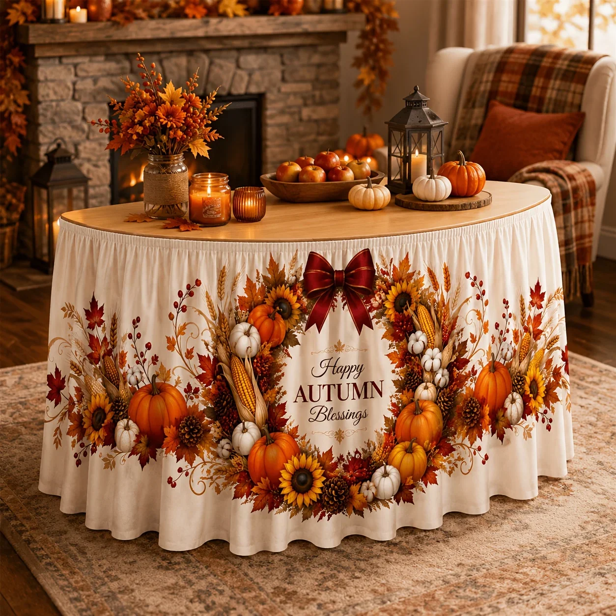 1 tablecloth table skirt, polyester happy autumn wishes, pumpkin sunflower maple leaf wheat edge print decoration