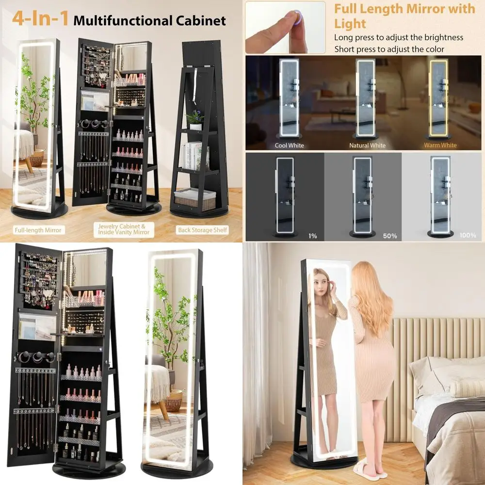 

Black Standing Jewelry Cabinet with Full-Length Mirror, LED Lights, Rear Shelves & Foldable Shelf