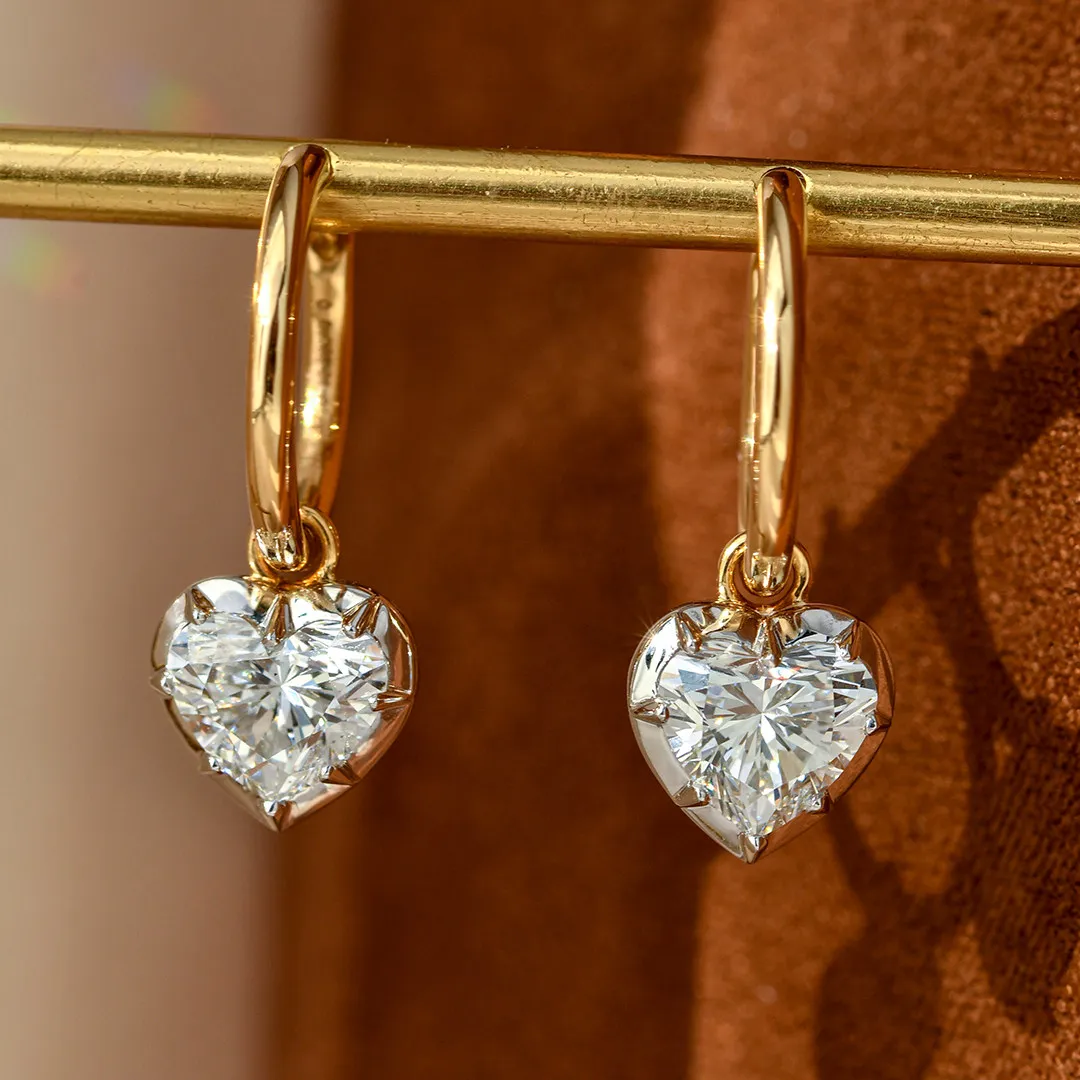 Two Tone Heart Moissanite Button Hoop Earrings, GRA Certified S925 Silver Lab Diamond Fashion Ear Jewelry