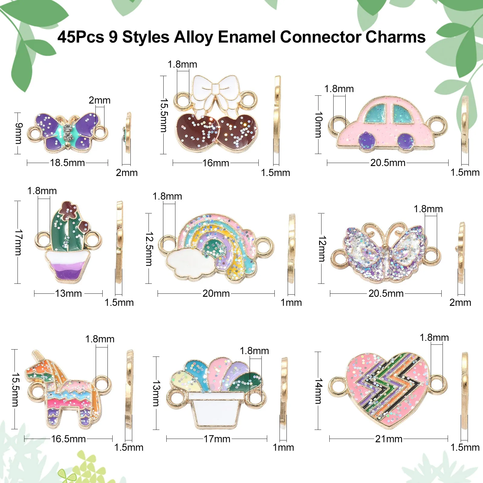 45Pcs 9 Styles Colorful Enamel Connectors Charms Mixed Link Charms with Paillette for DIY Bracelets Jewelry Making Accessories