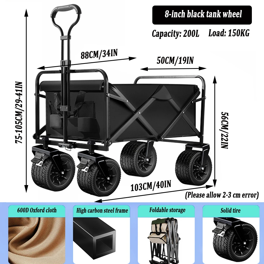 1pc Collapsible Foldable Wagon Cart with brake 330 LBS Heavy Duty Utility Garden Cart For Beach Lawn Sports Camping Black 40