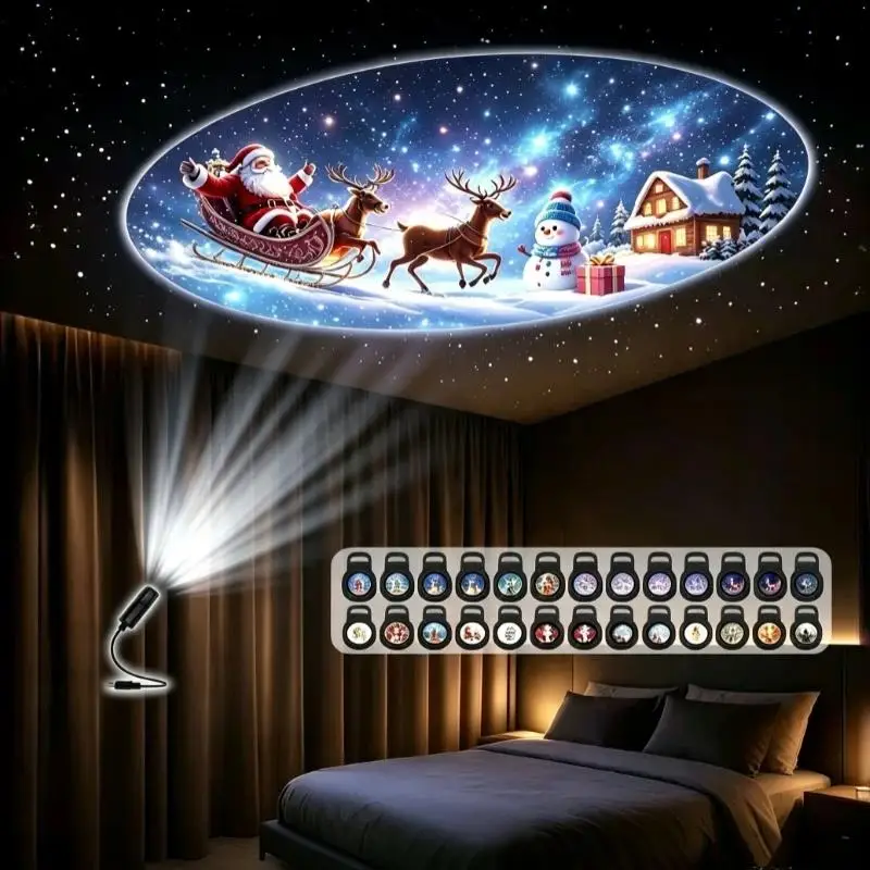 USB Powered Xmas LED Projector Light With 6 Interchangeable Slides For Indoor Party Home Bedroom Decor