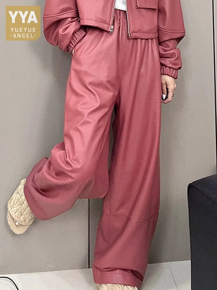 Nowe jesienne damskie spodnie typu casual Streetwear kożuch oryginalne skórzane spodnie wysoka elastyczna talia modne kobiece spodnie z szerokimi nogawkami
