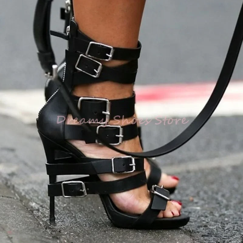 

Black Metal Buckles Narrow Band Hollow Thin High Heels Women Open Toe Cross Strap Sandals Sexy Fashion Party Gladiator Pumps New