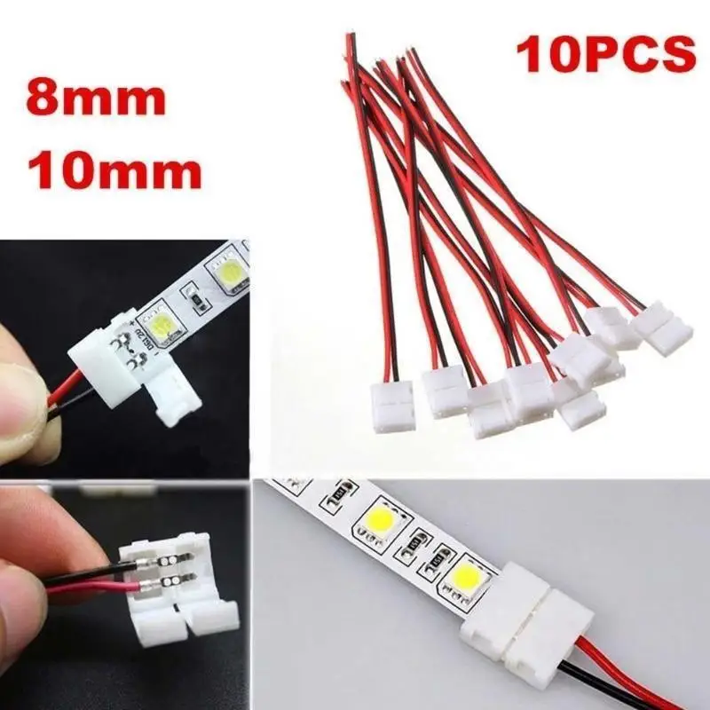 

10Pcs 2-pin LED Strip Connector LED3528/5050 Solder Free Single Head Headlight Strip Connector Adapter 8/10mm Single Head Cable