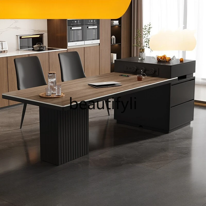 

Walnut wood grain rock slab Italian medieval solid wood island dining table integrated retractable dining table and chair