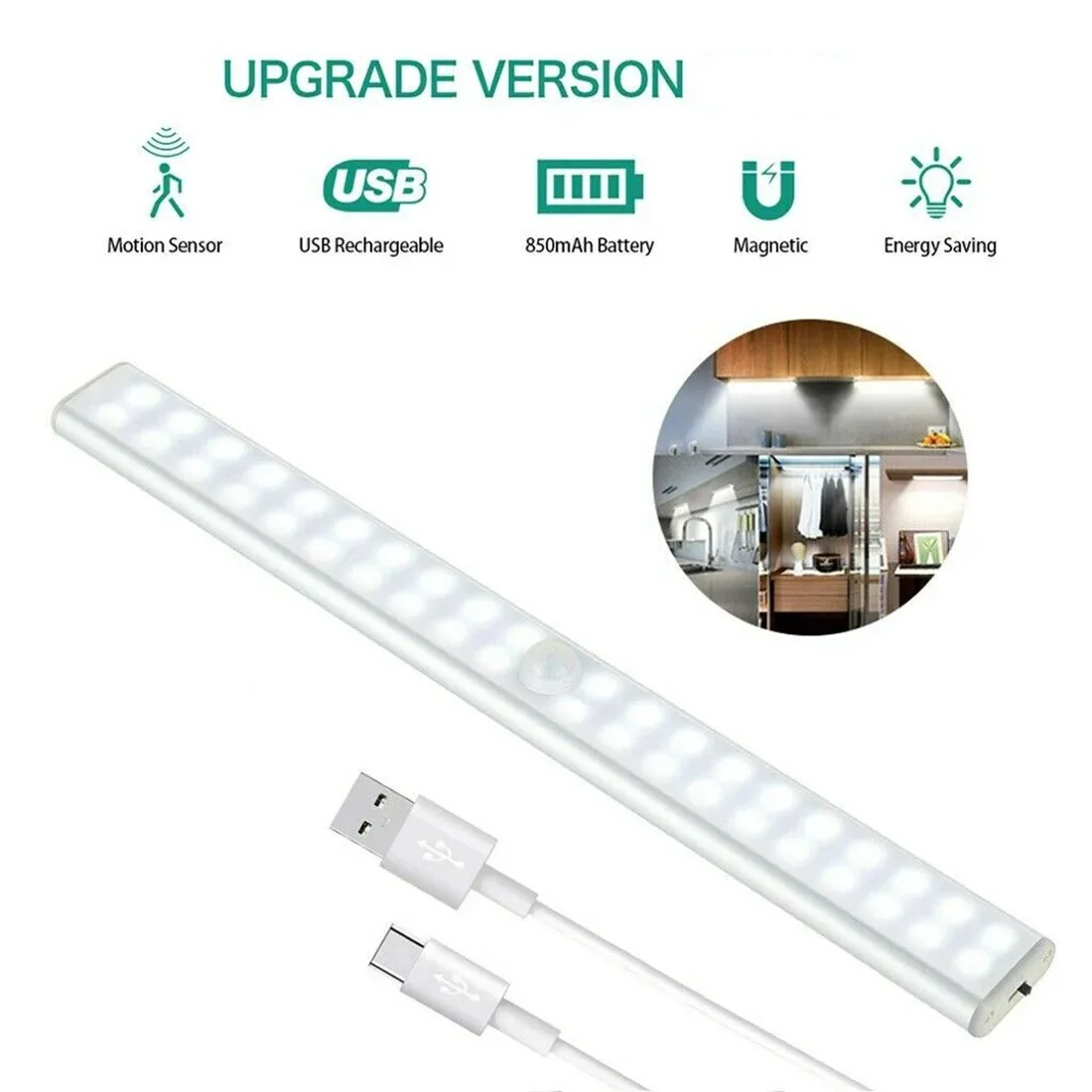 

40/60 LED Under Cabinet Closet Light Motion Sensor USB Rechargeable Kitchen Lamp US 3 Working Modes Energy Saving