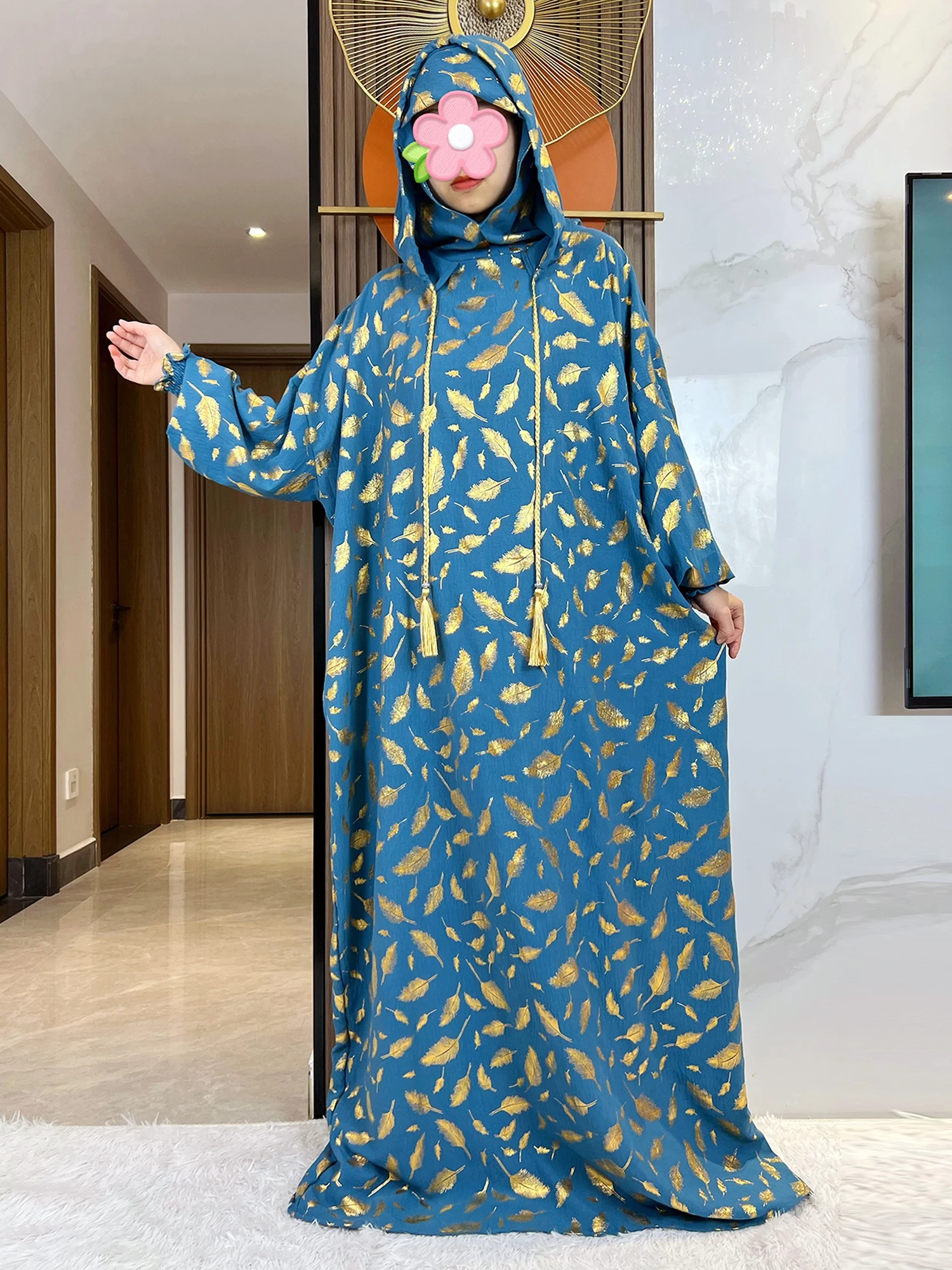 2025 New Cotton Ramadan Muslim Two Hats Abaya Dubai Turkey Islam Prayer Clothes Gold Stamp Dress Islam Women Dress Kaftan