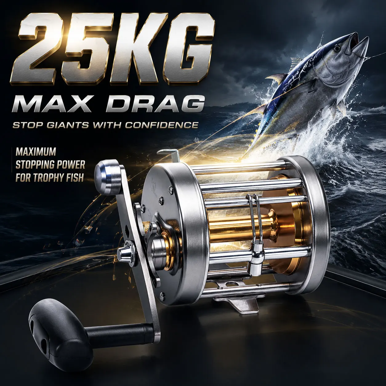 Hochleistungs-Metall-Angelrolle 25kg Max Bremskraft für Salzwasser Tiefsee-Trolling und Jigging Ideal für Riesen-Thunfisch und Marlin – Detail 1