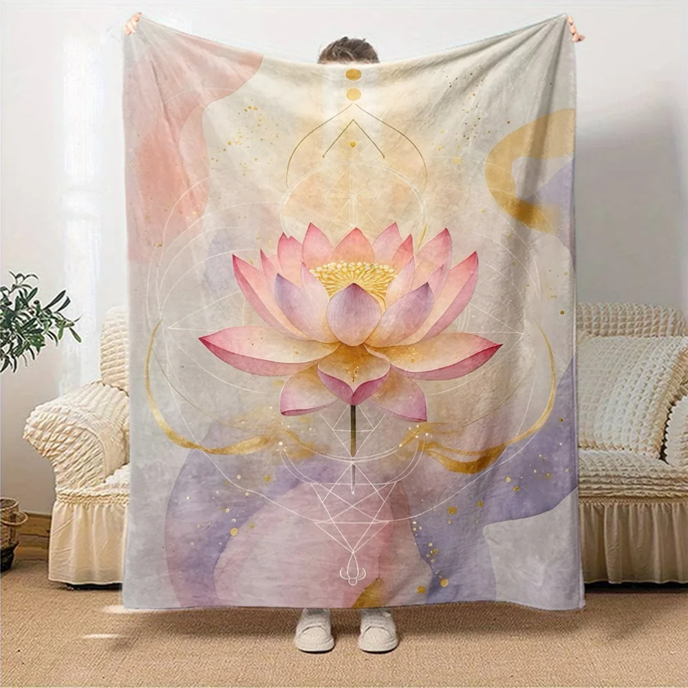 Pink Lotus Golden Geometric Watercolor Print Flannel Throw Blanket Soft Warm Cover For Sofa Bedroom Zen Spiritual Decor Gift