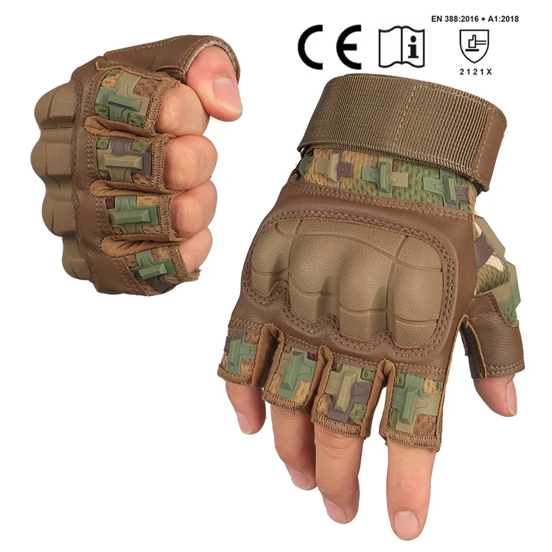 Half-finger tactical gloves with camouflage, anti-impact shell protection, soft leather, non-slip, wear-resistant, suitable for