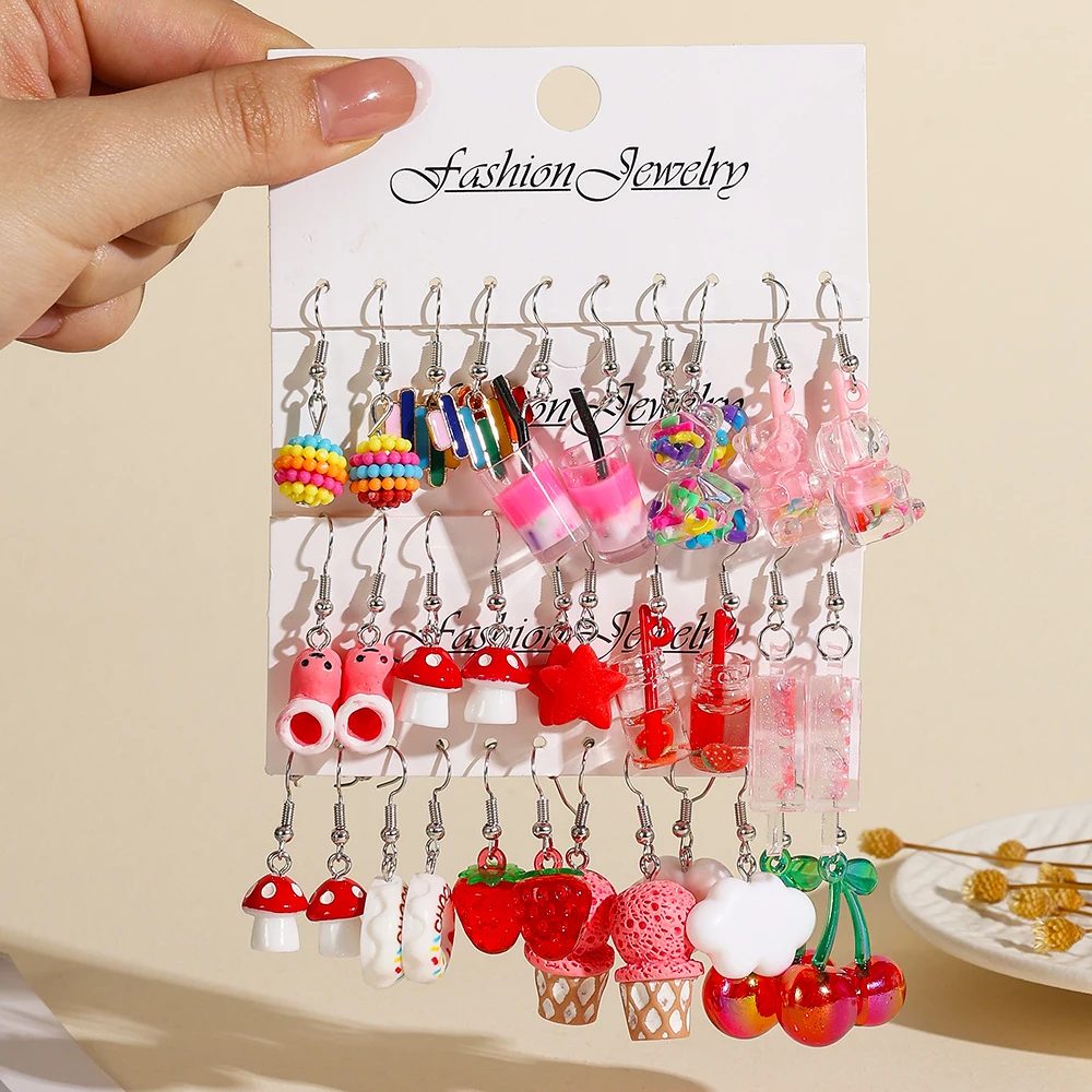 Cross Border Creative Cute Fresh Earrings Set Sweet Cloud Milk Tea Bottle Ice Cream Mushroom Cherry Pendant Earrings