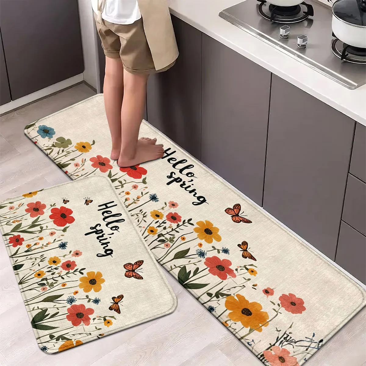 Hello Spring Küchenmatten-Set – Bienen-, Schmetterlings- und Blumen-Design, rutschfeste Polyester-Läufer für Zuhause, Büro, Waschküche
