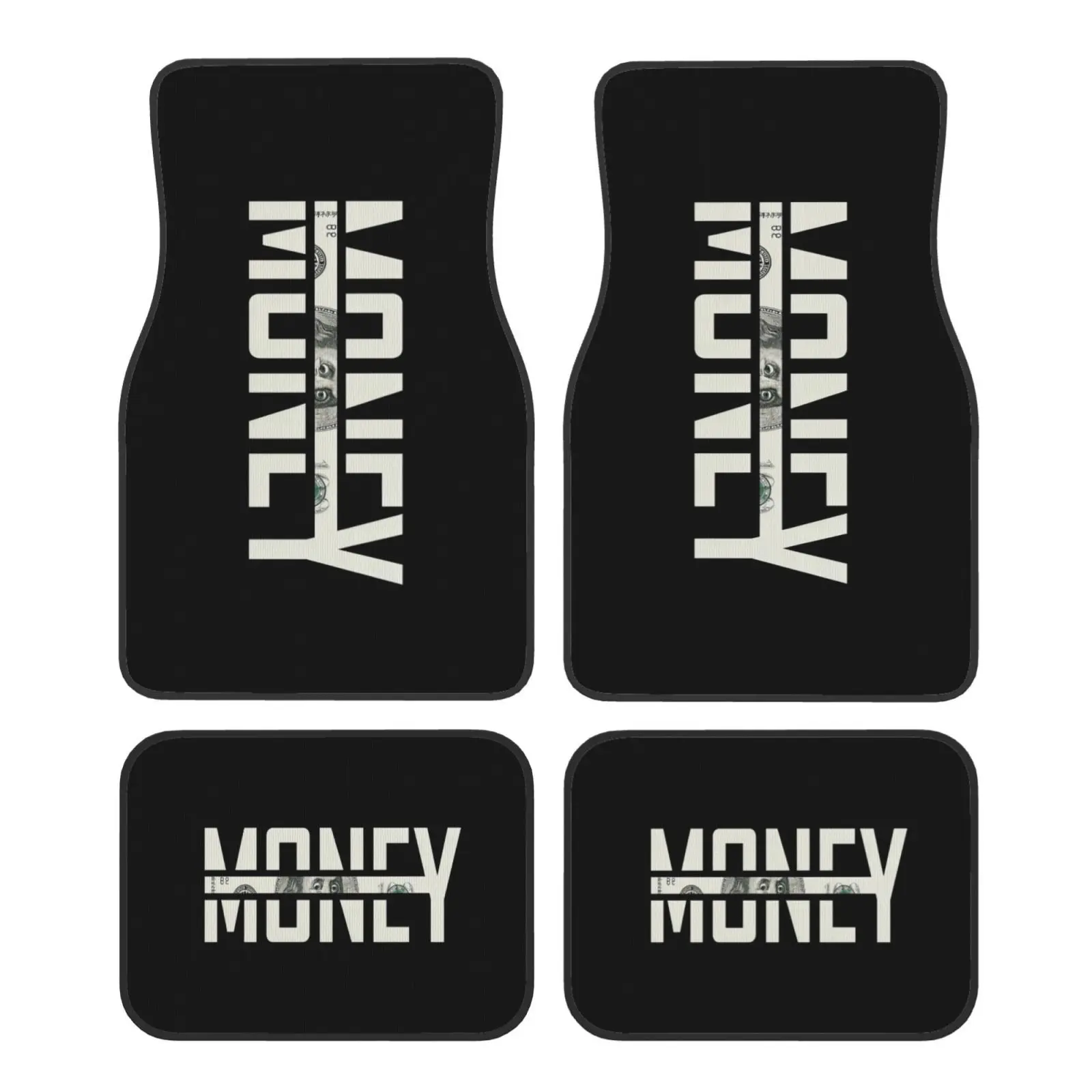 Set Of 4 Car Floor Mats Featuring A Money Design - Made From Black Polyester Fiber, A Chic Addition To Your Vehicle'S Interior.