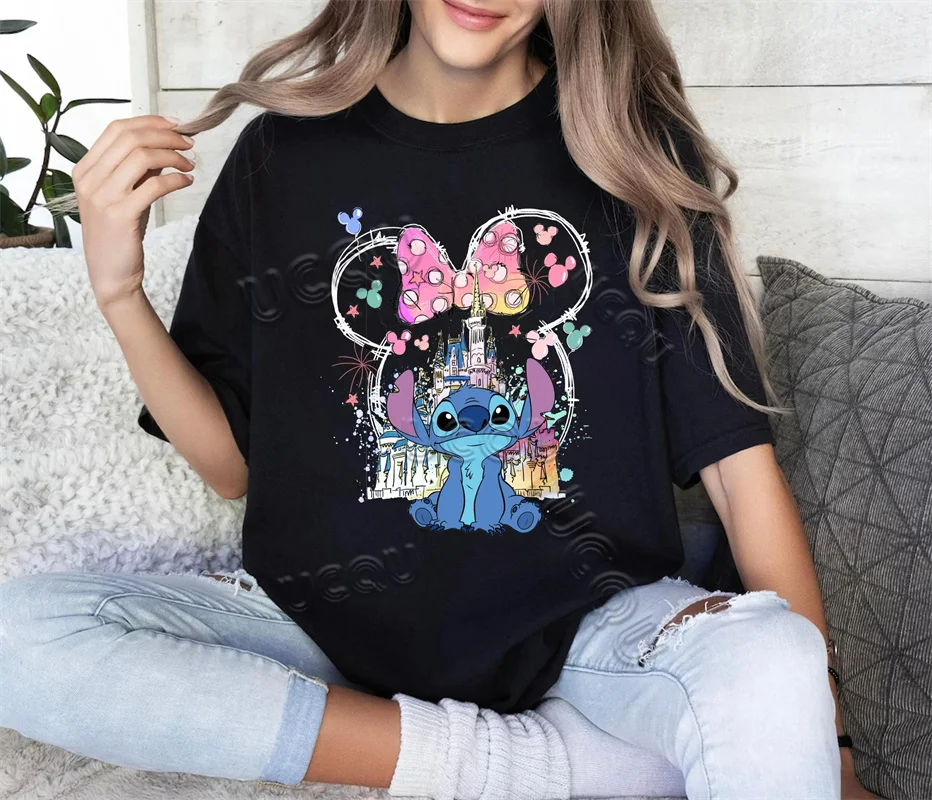 

Disney Cartoon Stitch Mickey Castle Print TShirt Summer Fashion Casual Sport Cotton Tee Top Femal Clothing Streetwear Y2k Tshirt