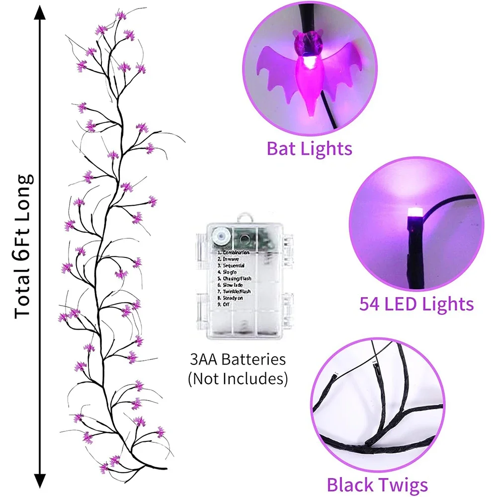 لطيفة هالوين الصفصاف الكرمة غصين ديكور جارلاند 8 طرق أضواء مع الموقت الكرمة سلسلة أضواء مع الخفافيش للجدار الموقد داخلي دي
