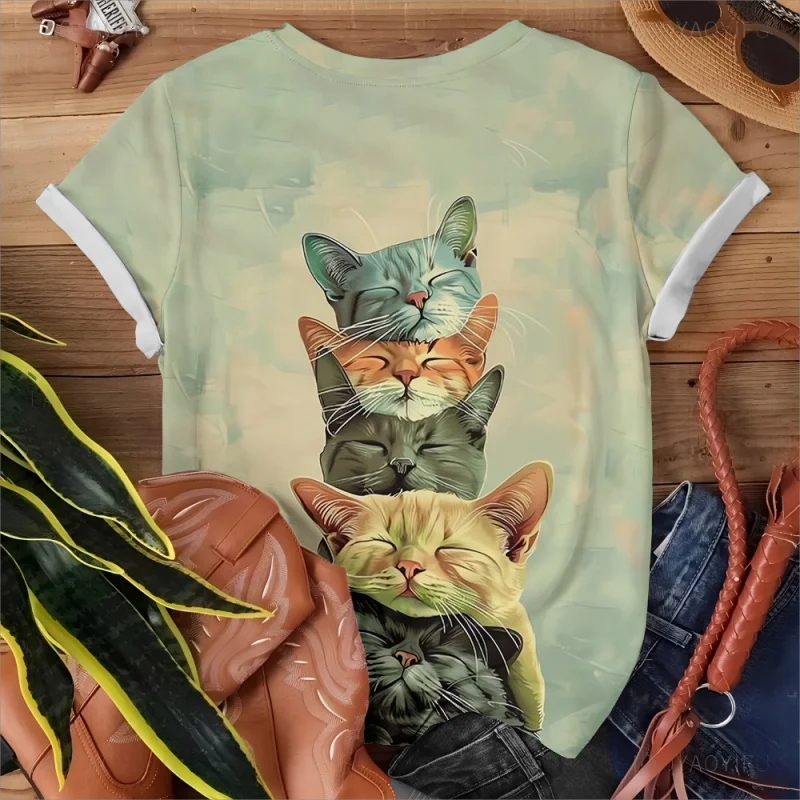 T-shirt d'été à manches courtes pour femmes, imprimé chat 3d, mode tempérament élégant, Streetwear, vêtements féminins populaires