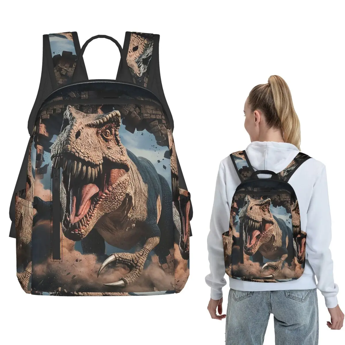

Dinosaur Rushed Out Of The Wall Backpack Daypack Kids BookBag School Bag Shoulder Bags for Men Women