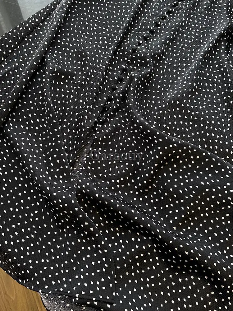 Garaouy 2023 Summer Women V-neck Puff Sleeve Button Long Dress Female Polka Dot Print Slim Elegant Midi Dresses Robe Vestidos