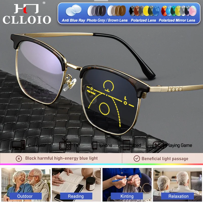 

CLLOIO Everyday Wear Titanium Eyebrow Frame Progressive Glasses Men Small Frame Anti Blue Ray Photochromic Prescription Eyeware