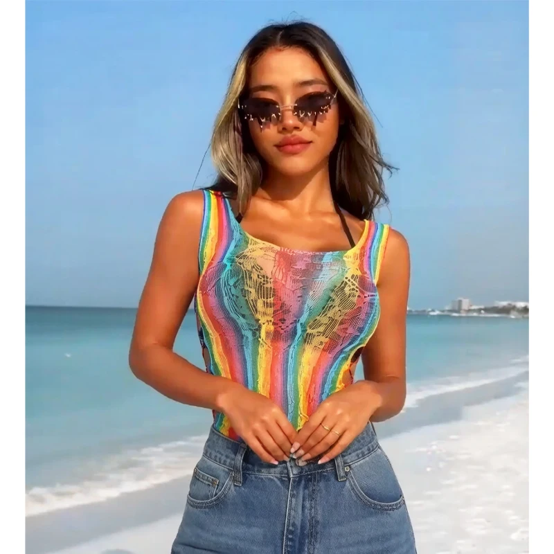 1 PC Rainbow Hollow Out See-through Top Sexy Fishnet Top Women Summer Beachwear Cover Up Swimwear without Bikini Y2K Style