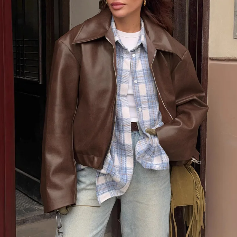 EAEOVNI الشارع الشهير سترة جلدية PU المرأة موضة بلون التلبيب سحاب أكمام طويلة معطف قصير موضة الخريف الشتاء جديد