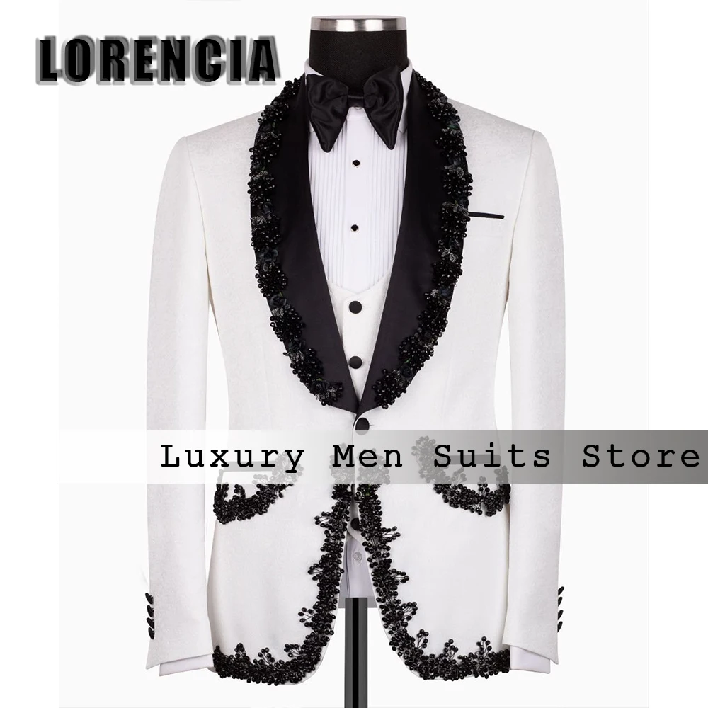 

Classic Single Breasted Suit for Male 3 Pieces Sparkly Beaded Tuxedos Wedding Groom Customized Blazer Pants Vest costumes homme