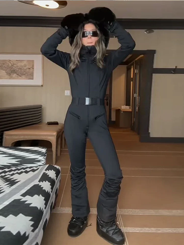 Hooded Ski Wear Women Faux Fur Patchwork Hat Zippers Pocket With Belt High Wait Skiing Jumpsuits 2026 Winter Romper Lady New