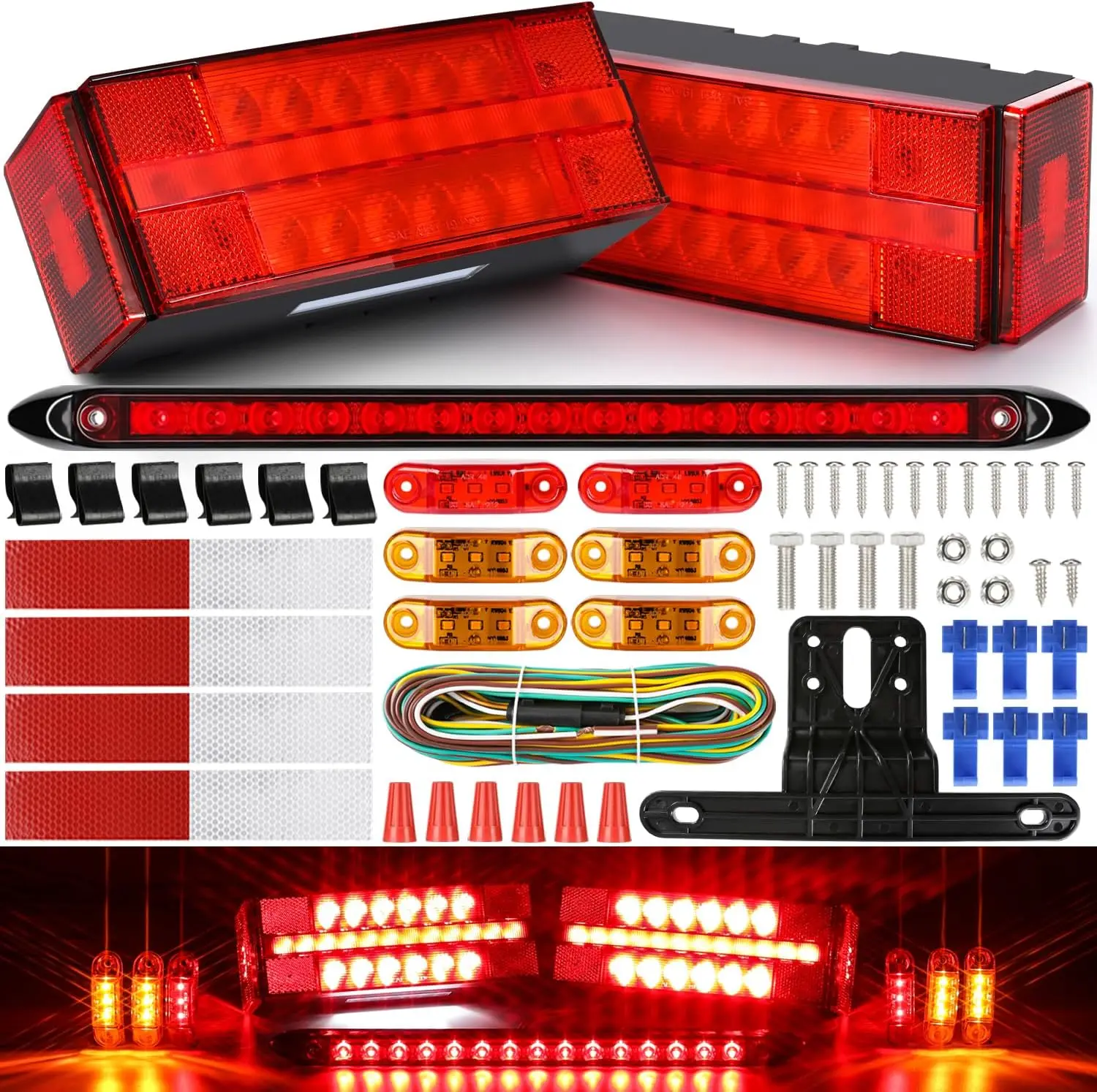 

LED Submersible Rectangular Trailer Tail Light Kit, Super Bright Brake/Stop/Turn/Reverse/Marker/License Lights, Sealed for Boat,