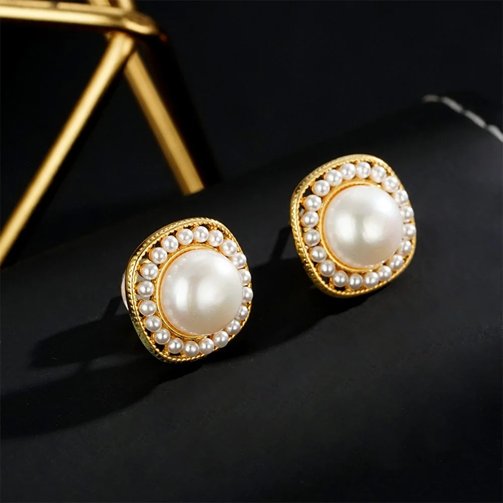 

Vintage fashion classic fresh water pearls with gold stud earrings for women‘s girl party gift jewlry whosale