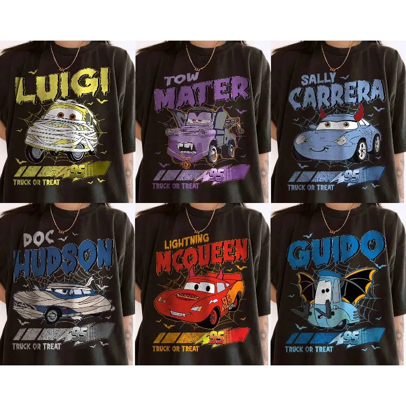 

Pixar Cars Halloween character group T-shirts, Lightning McQueen Sally trailer shirts Unisex cotton all-season bottoms