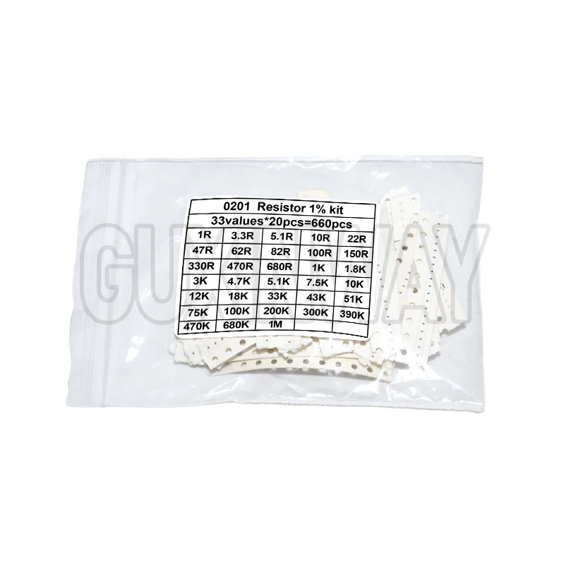 660pcs 0603 0805 1206 0402 0201 1% SMD Chip Resistor Assorted Kit 1R - 1M ohm 33valuesX20pcs Resistance Sample Set