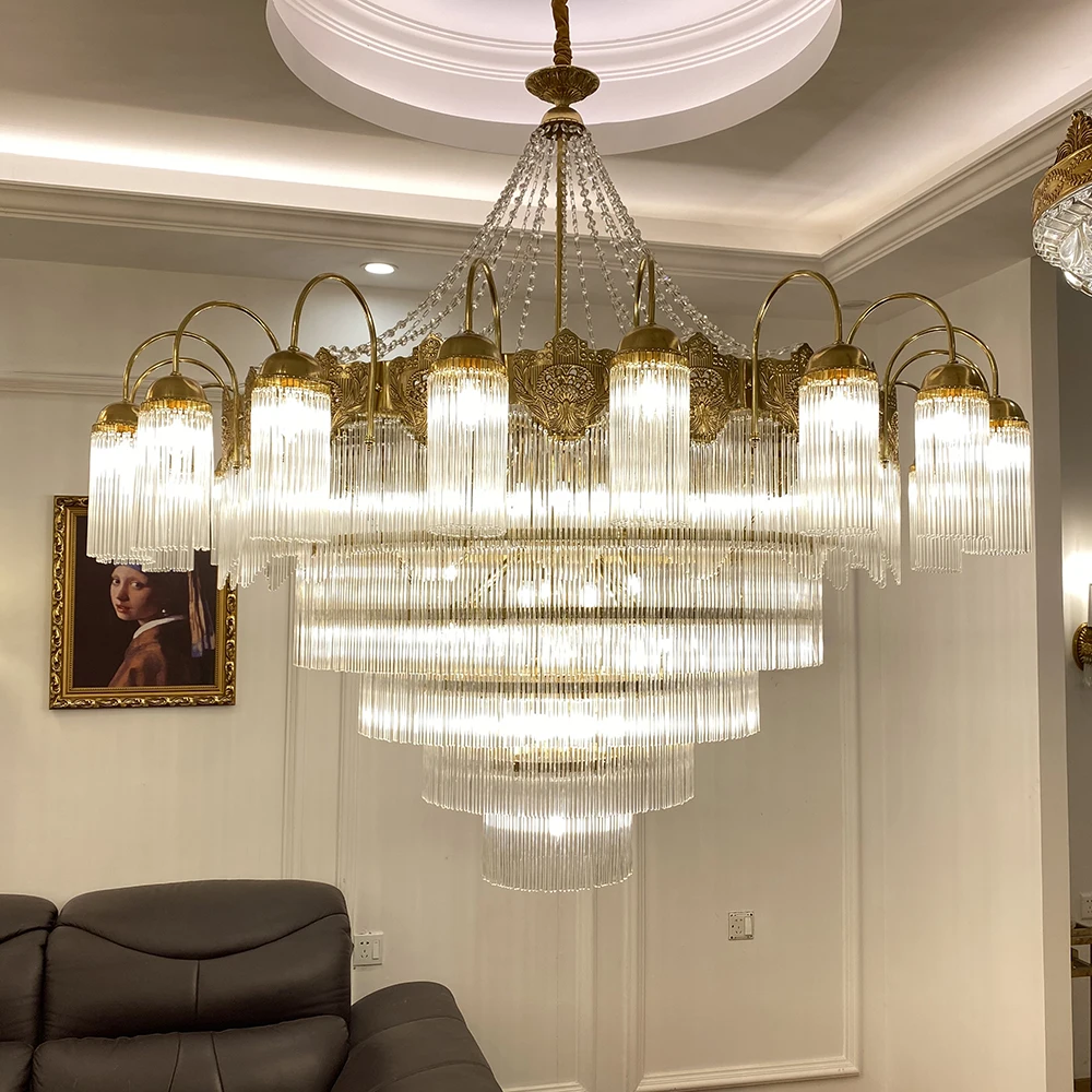 Luxury French Style Gold Crystal Rod Chandelier LED Warm White Vintage Carved Metal Pendant Light for Living Room Dining Room