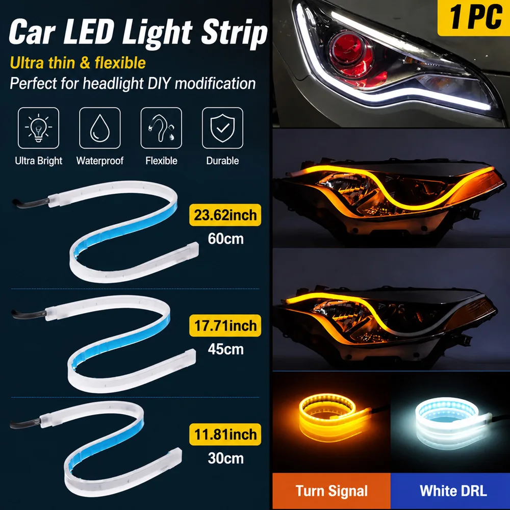 Multi‑Size Dynamic LED DRL Strip Bendable Daytime Running Lamp Waterproof Sequential Turn Signal Light Bar For Exterior Styling