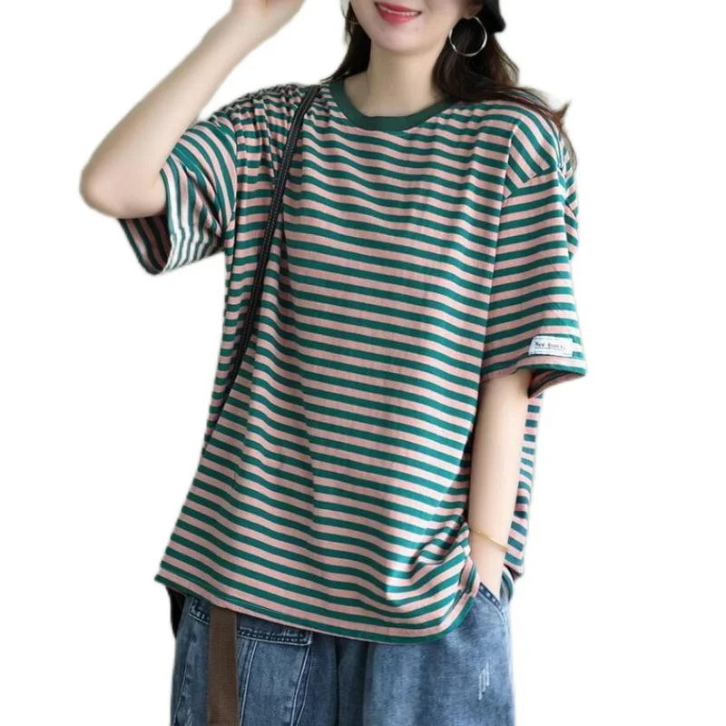 

Summer Striped Short Sleeve T-Shirt Women Fashion Simple Loose Couple Tops High Street Basic Tops Streetwear T-Shirts