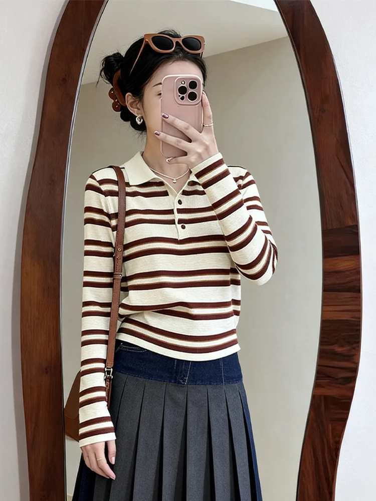 Faionable College Sle Dames Lange Sve Ne Knitwear Afslankende Gestreepte Top Lazy Sle Herfst Winter Nieuwe collectie