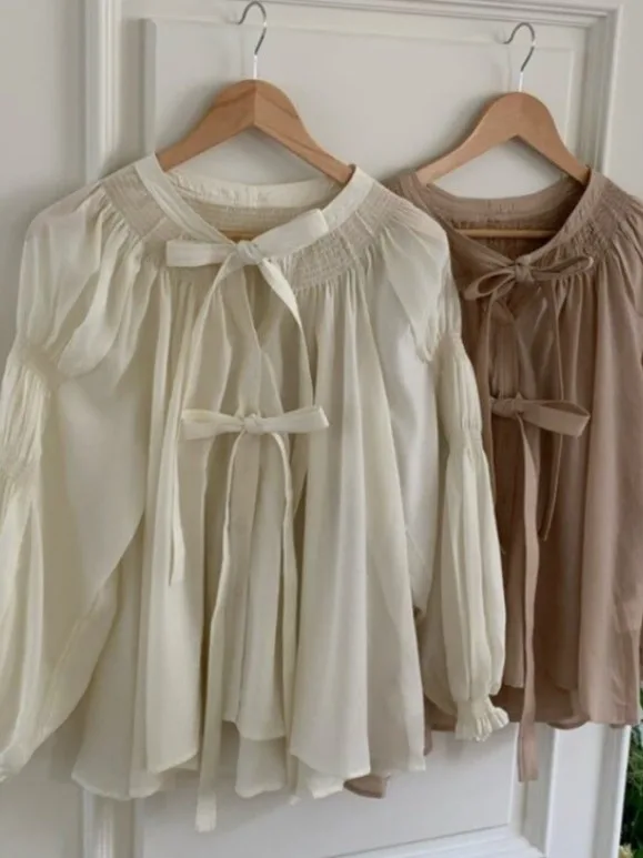 Chique ronde Ne Loose Lantern Sve Silk irt Faionable Agel Knot Tied Casual gevouwen top voor dames Trendy