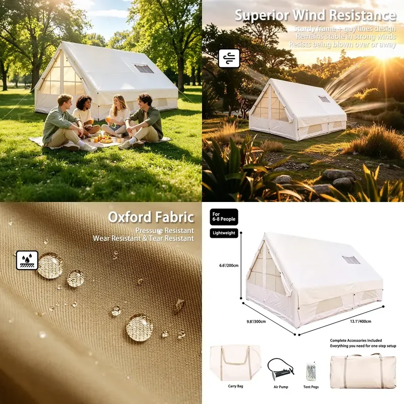 2026 Hot Huge 12㎡ Inflatable Glamping Tent with Small Sky Window, Dual Entry Double Door Air Tent for 6-8 People, Quick Setup