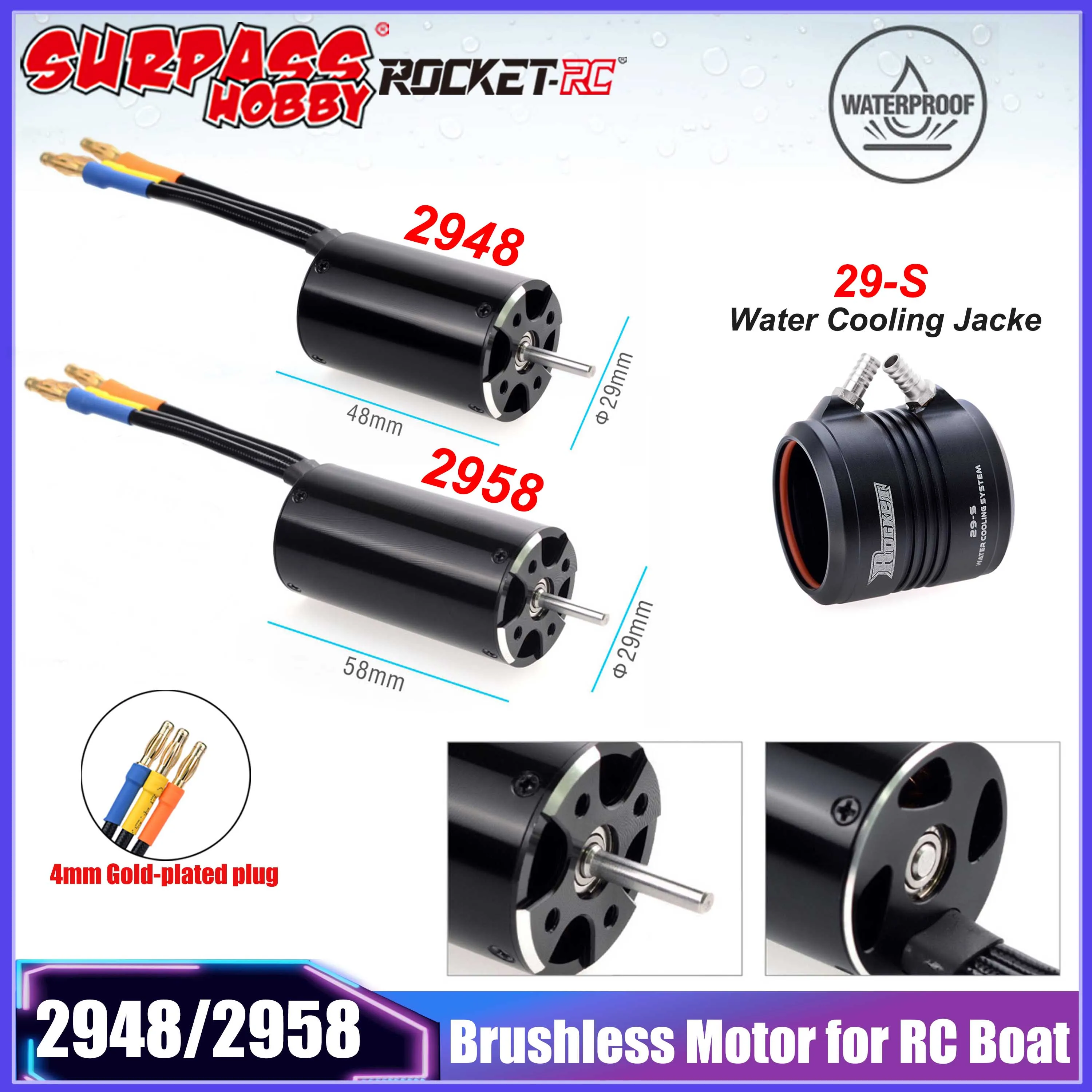 Rocket RC 2948 2958 Waterproof Sensorless Brushless Motor 29-S Water Cooling Jacket for 600-800mm RC Boat Feilun Traxxas Parts