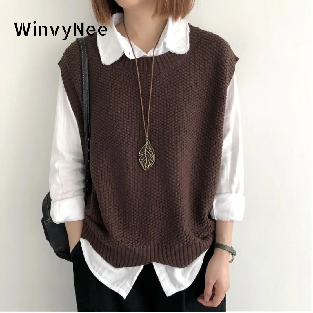 WinvyNee 2024 Women\'s Cotton Vest O Neck Clothing Casual Warm Outerwears Waistcoat Ladies Tops Knitted Sweater Autumn C1002010B