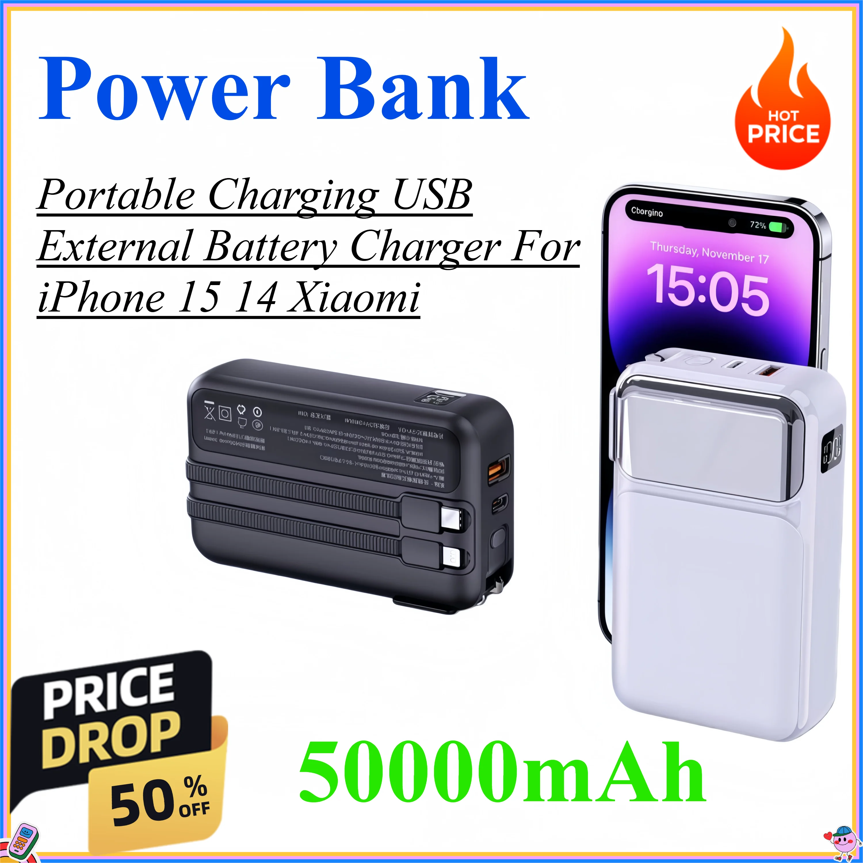 

Power Bank 50000mAh Portable Charging PowerBank USB PoverBank External Battery Charger For iPhone 15 14 Xaiomi