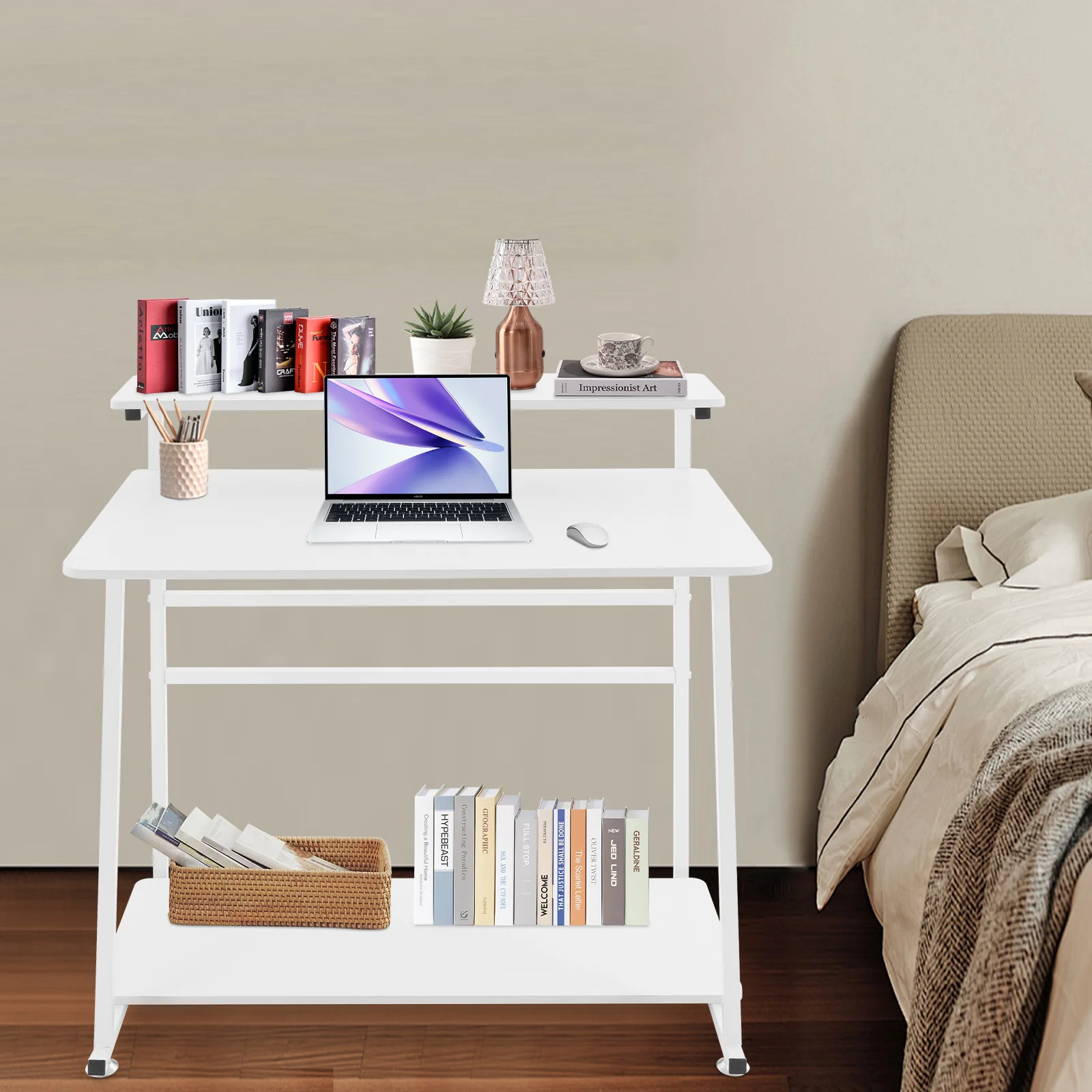 مكتب مكتب منزلي دوار من 3 طبقات - عجلات مكتب كمبيوتر مدمجة للمساحات الصغيرة، طاولة دراسة للطلاب لغرفة النوم، لون أبيض #5