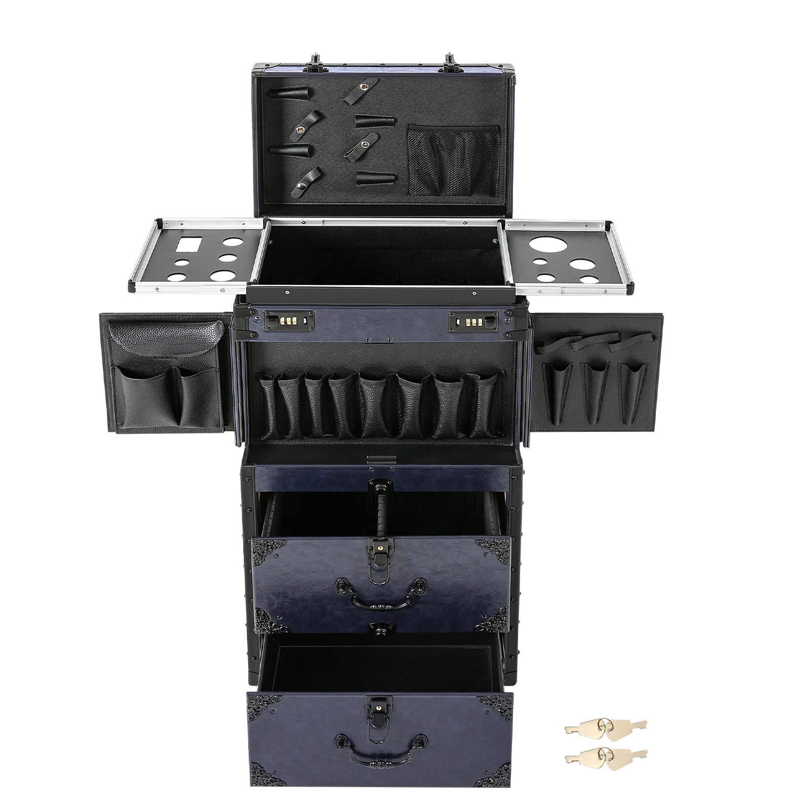 Cosmetic Luggage, Large Storage Cosmetic Trolley, Rolling Makeup Case，professional Hairdressing Case Black/Blue with 2 Number of Drawers and Brakes